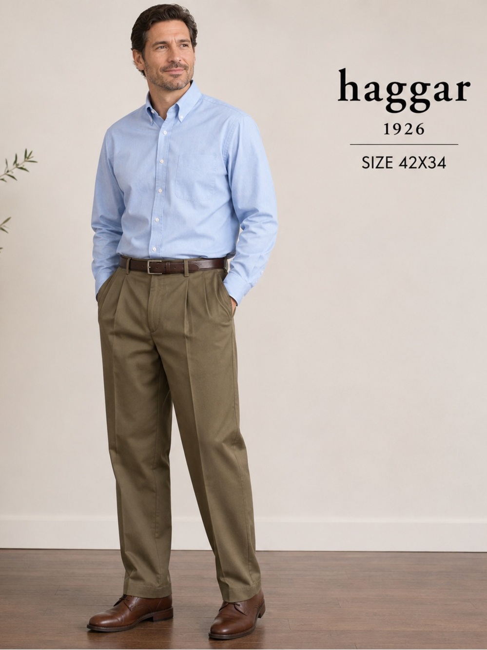 Haggar 1926 Men’s Pleated Khaki Dress Pants Size 42x34 Classic Fit 100% Cotton